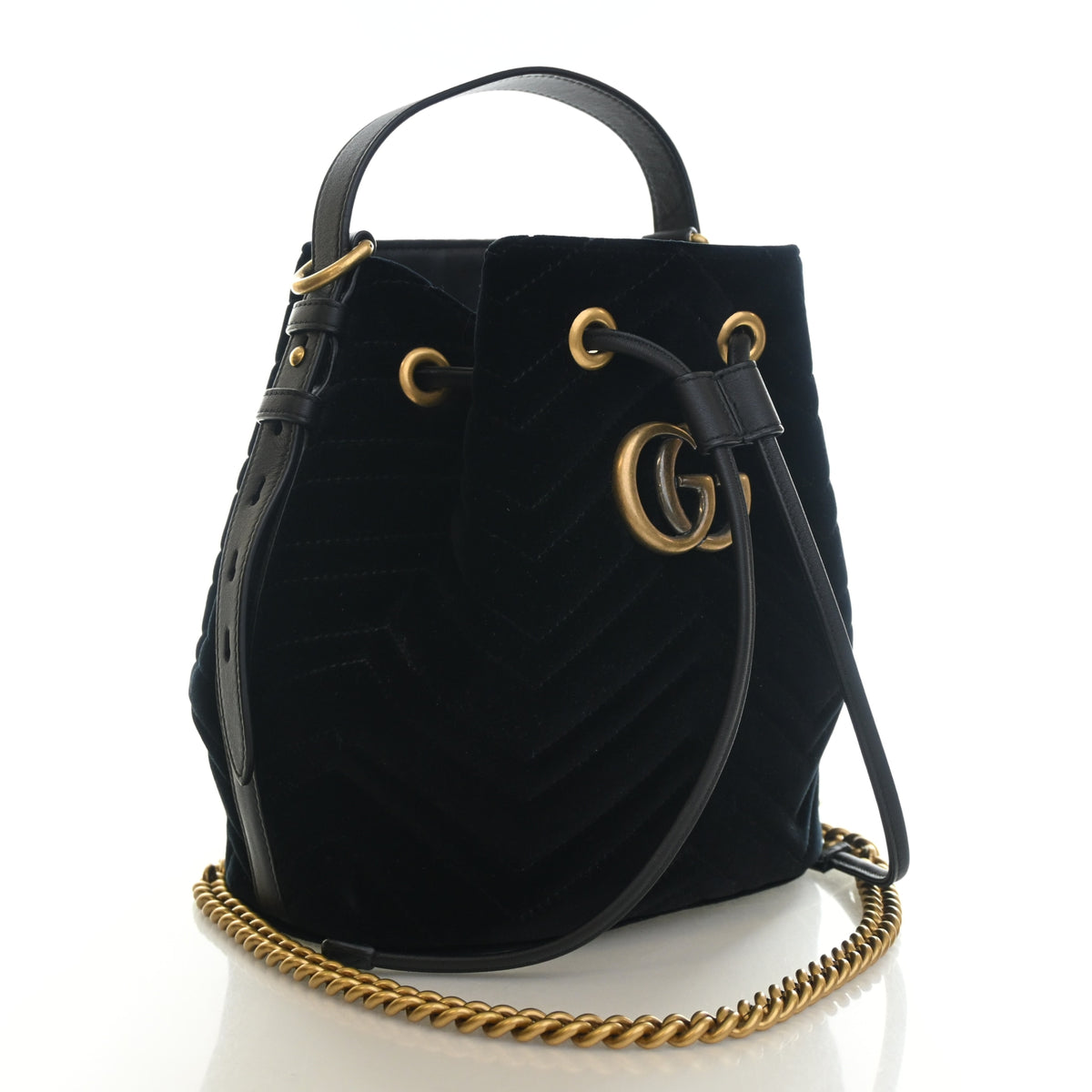 Pre-Owned Gucci Bucket Bag Velvet GG Marmont, three-quarter view, authenticated at Luxe Du Jour