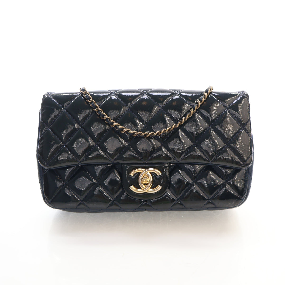 Pre-Owned Chanel Flap Bag Medium Patent Leather Classic Single, front view, authenticated at Luxe Du Jour