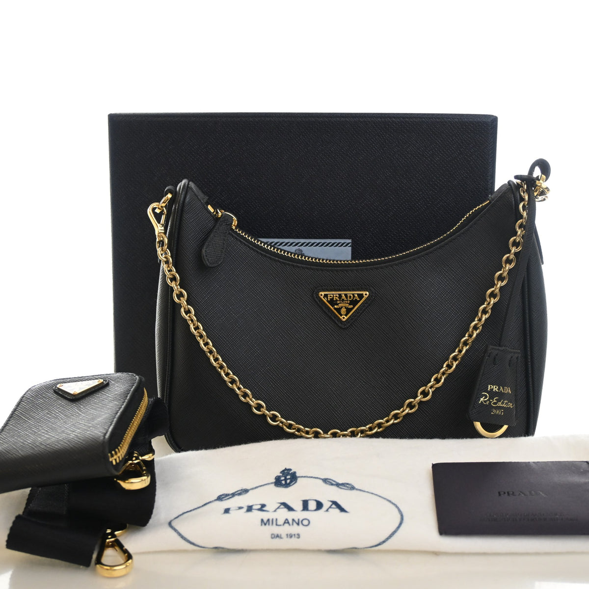 Pre-Owned Prada Saffiano Re-edition 2005, shown with dust bag and packaging