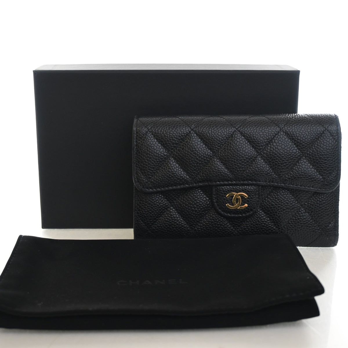 Pre-Owned Chanel Classic Flap Medium Caviar Leather Wallet, shown with dust bag and packaging