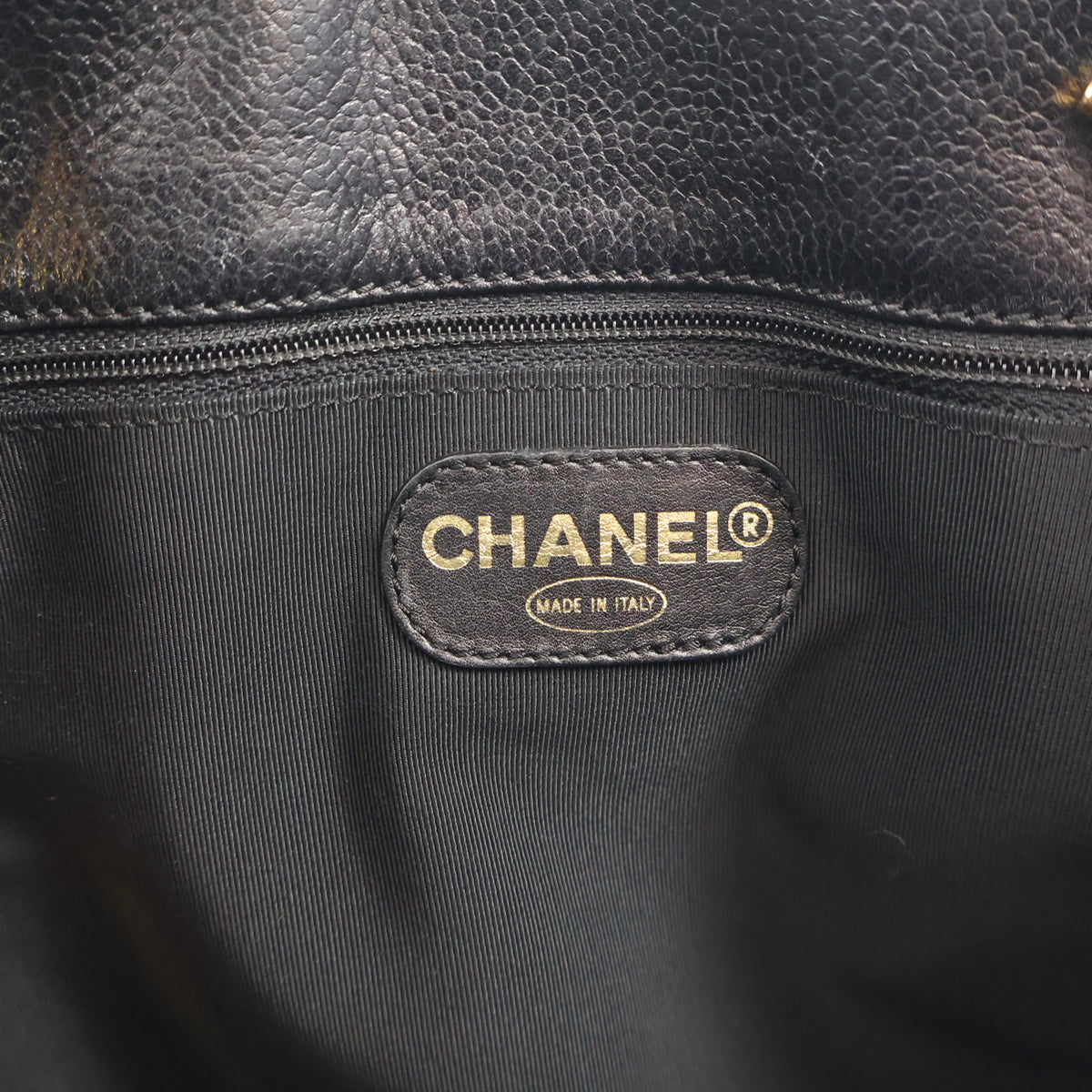Vintage Chanel Caviar Leather Bowling Bag, logo detail