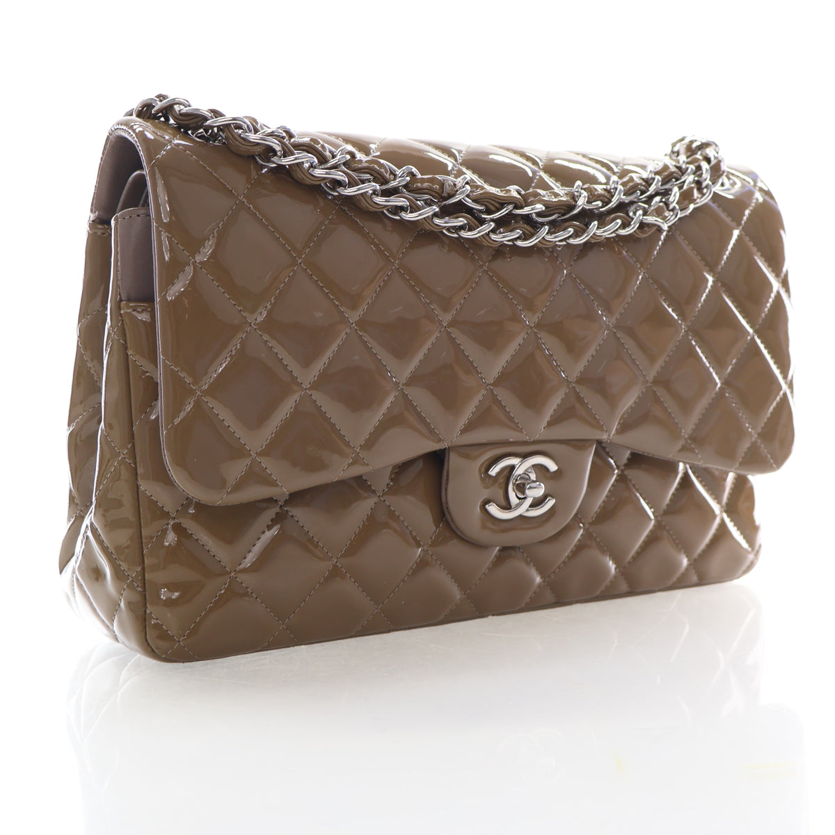 Pre-Owned Chanel Classic Double Flap Jumbo Patent Leather Bag, three-quarter view, photo 2 of 16