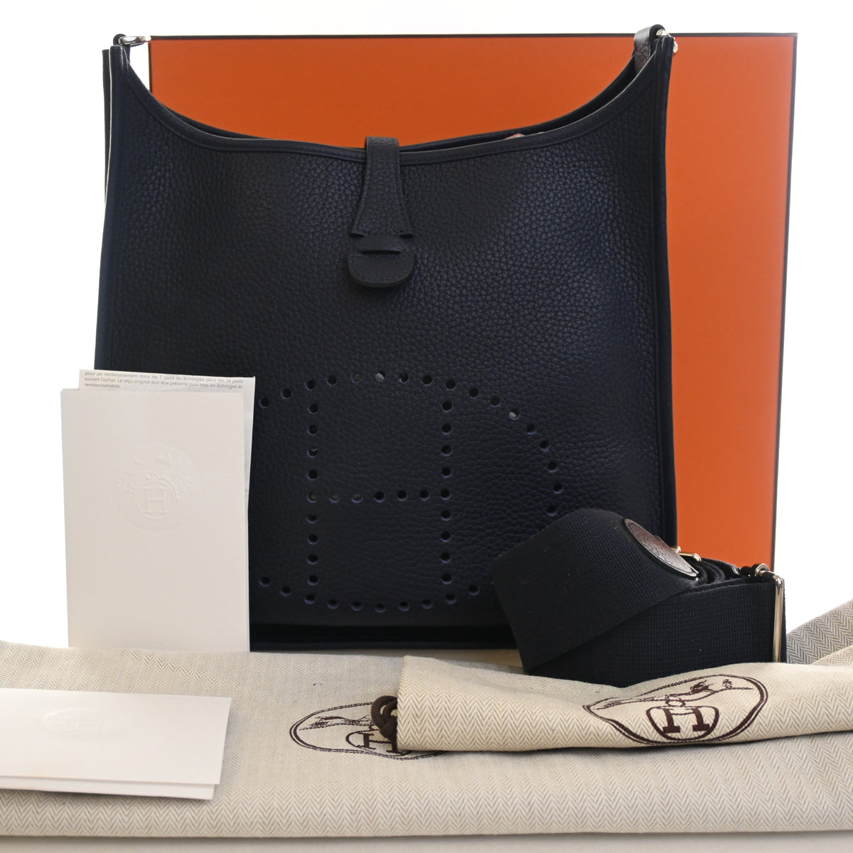 Pre-Owned Hermès Evelyne PM Bleu Nuit Clemence Leather III, front view, photo 13 of 13