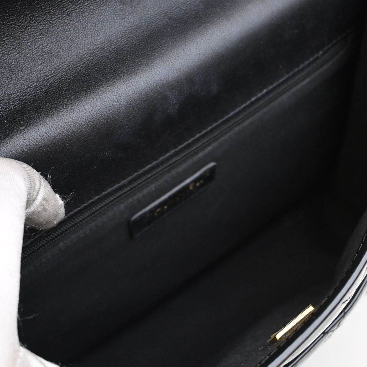 Pre-Owned Chanel Top Handle Large Patent Leather School Memory Flap Bag, open interior with lining