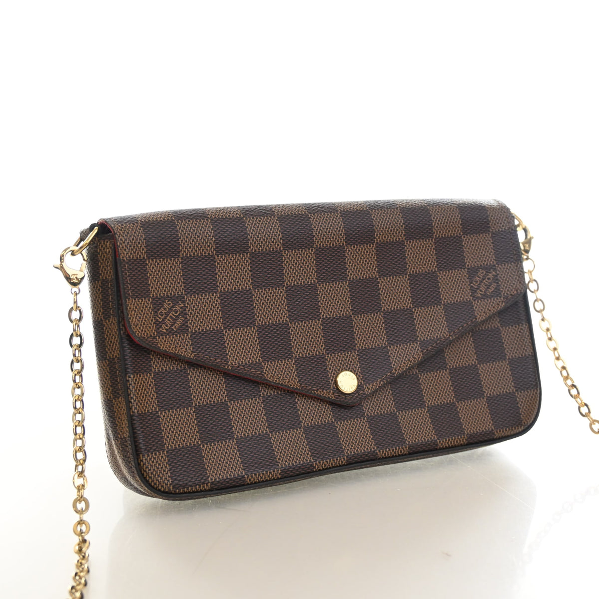 Pre-Owned Louis Vuitton Pochette Damier Ebene Felicie, three-quarter view, authenticated at Luxe Du Jour