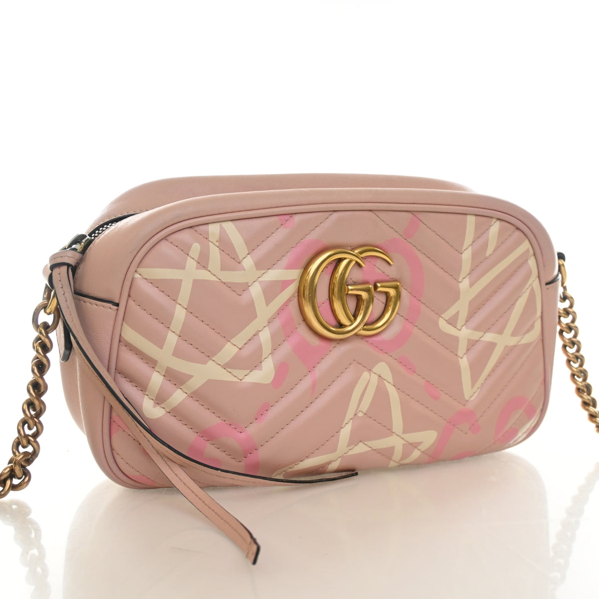 Pre-Owned Gucci Camera Bag Small Calfskin Marmont, three-quarter view, authenticated at Luxe Du Jour