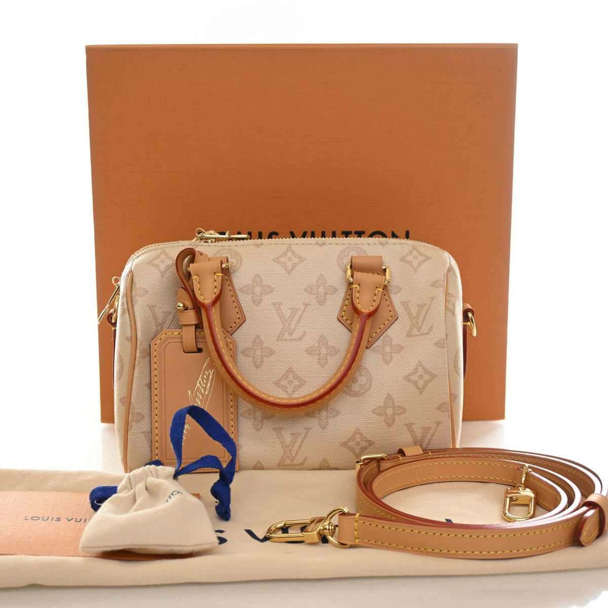 Pre-Owned Louis Vuitton Speedy Bandouliere 20 Monogram Origine, shown with dust bag and packaging