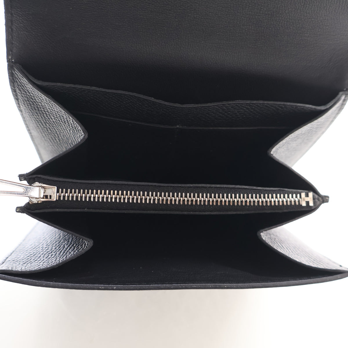 Pre-Owned Hermès Constance Noir Epsom Leather Slim Wallet, open interior with lining, photo 17 of 19