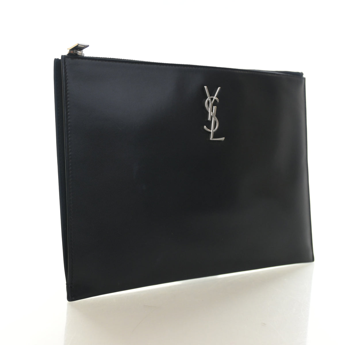 Pre-Owned Saint Laurent Clutch Calfskin Monogram Tablet, three-quarter view, authenticated at Luxe Du Jour