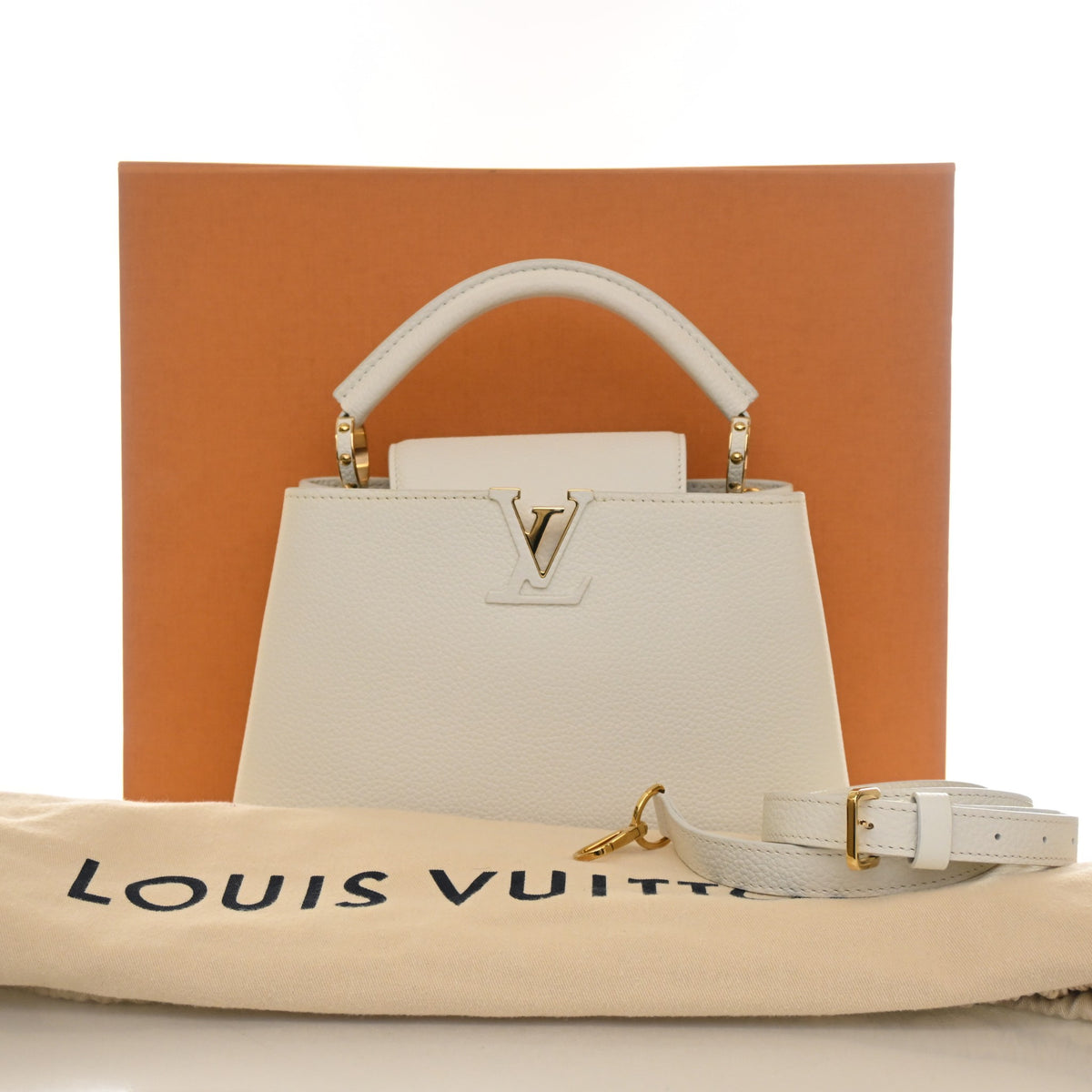 Pre-Owned Louis Vuitton Taurillon Capucines BB, shown with dust bag and packaging