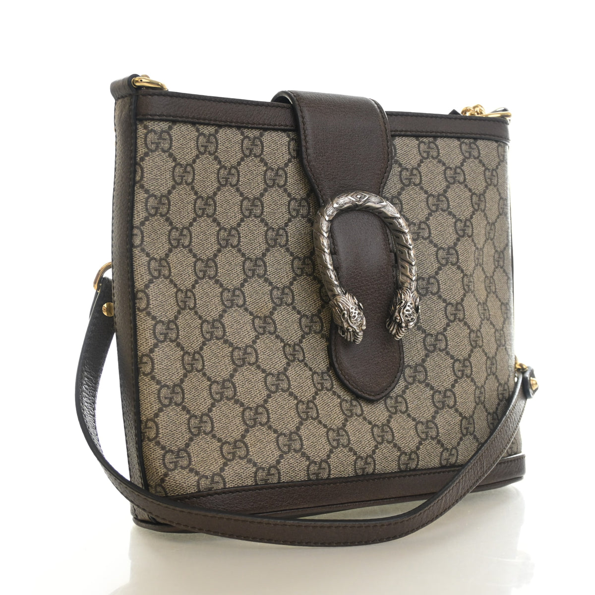 Pre-Owned Gucci Bucket Bag GG Supreme Dionysus, three-quarter view, authenticated at Luxe Du Jour