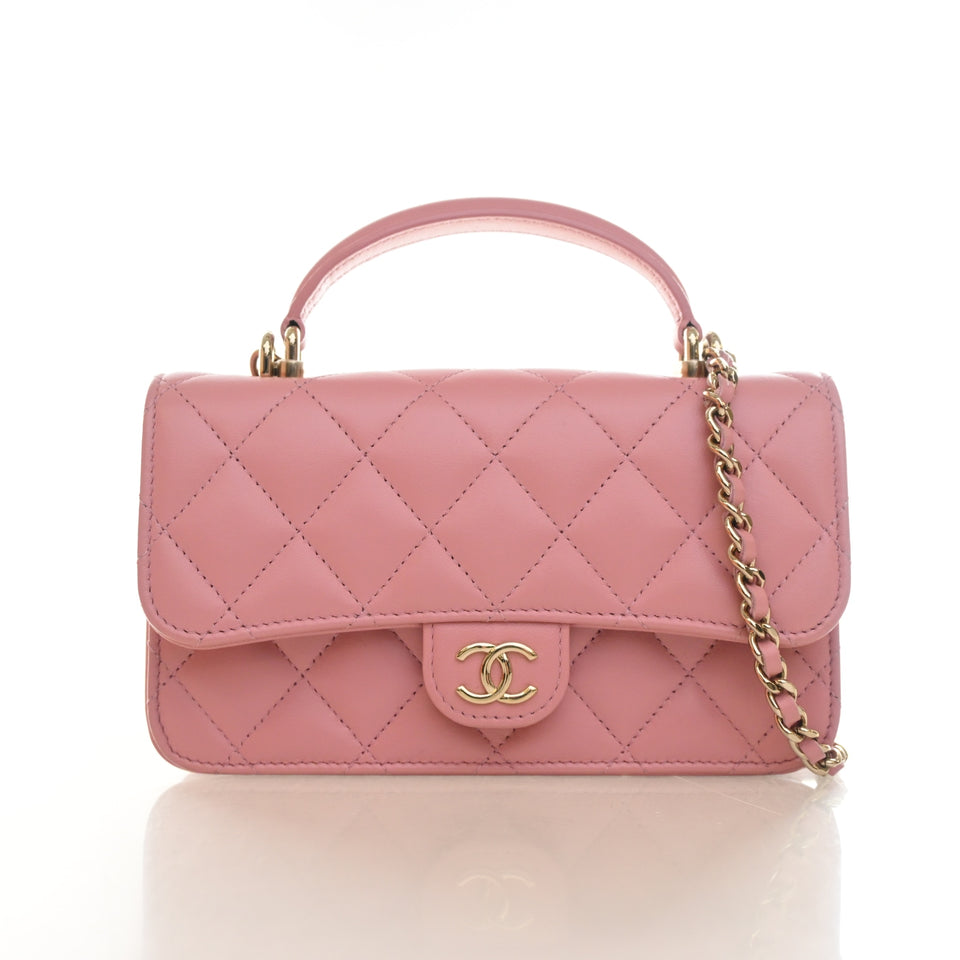 Chanel Lambskin Top Handle Phone Holder With Chain
