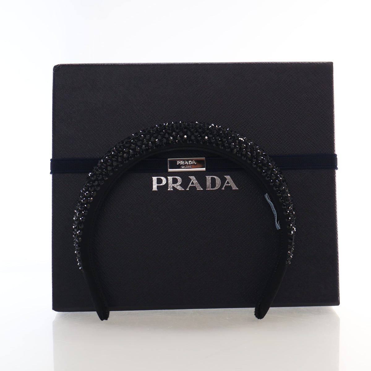 Pre-Owned Prada Crystal Embellished Satin Headband, shown with dust bag and packaging
