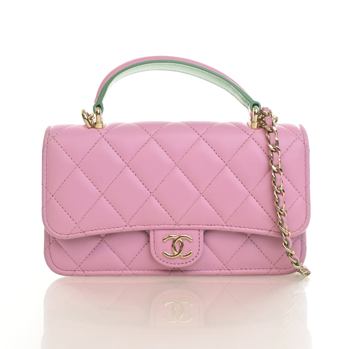 Pre-Owned Chanel Phone Holder Lambskin Top Handle With Chain, front view, authenticated at Luxe Du Jour