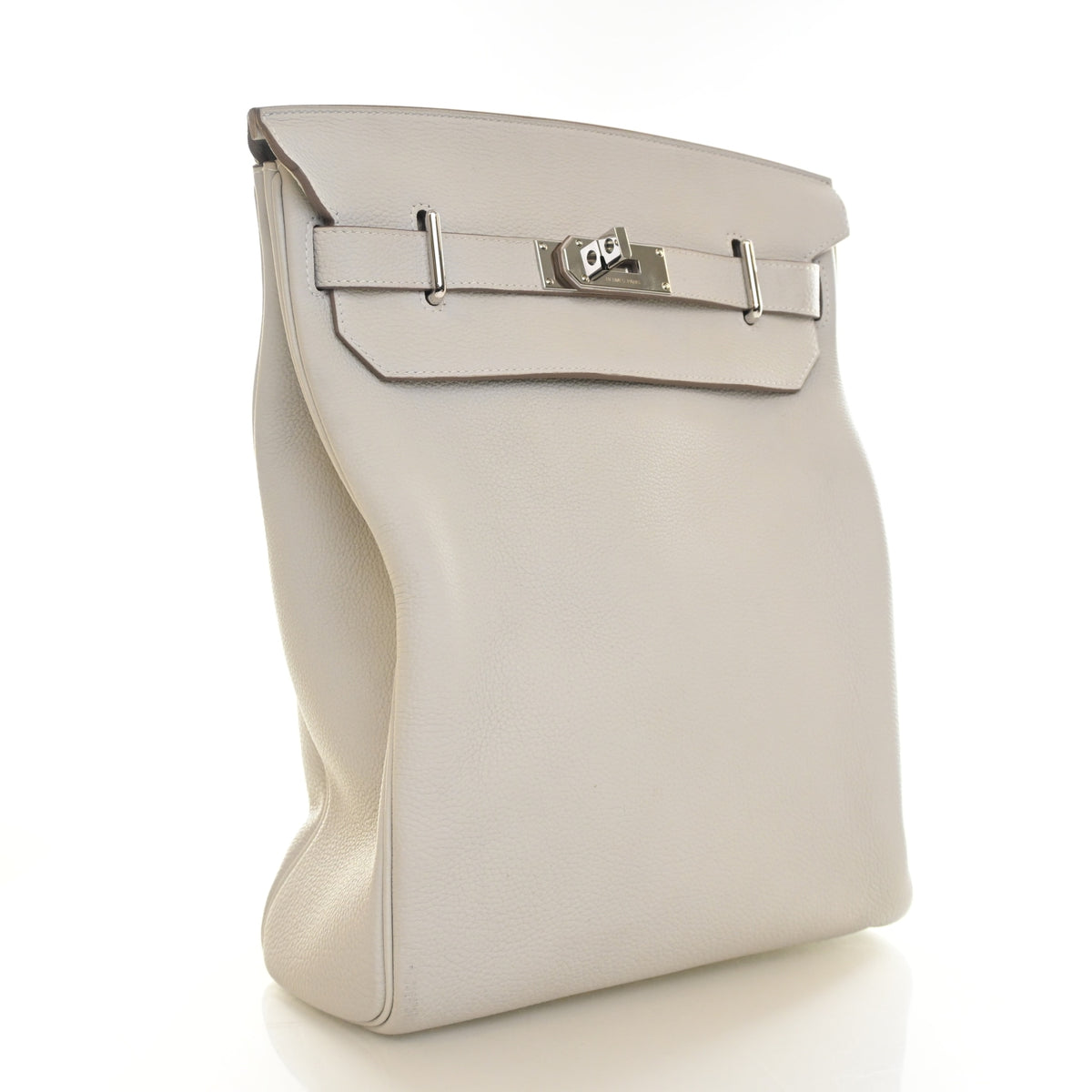 Pre-Owned Hermès GM Gris Pale Togo Leather Hac A Dos, side profile, authenticated at Luxe Du Jour