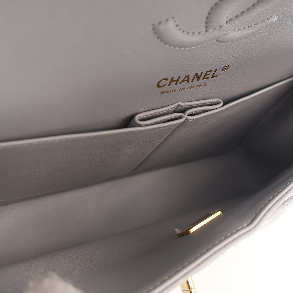 Pre-Owned Chanel Classic Double Flap Small Caviar Leather Bag, open interior with lining, photo 15 of 18