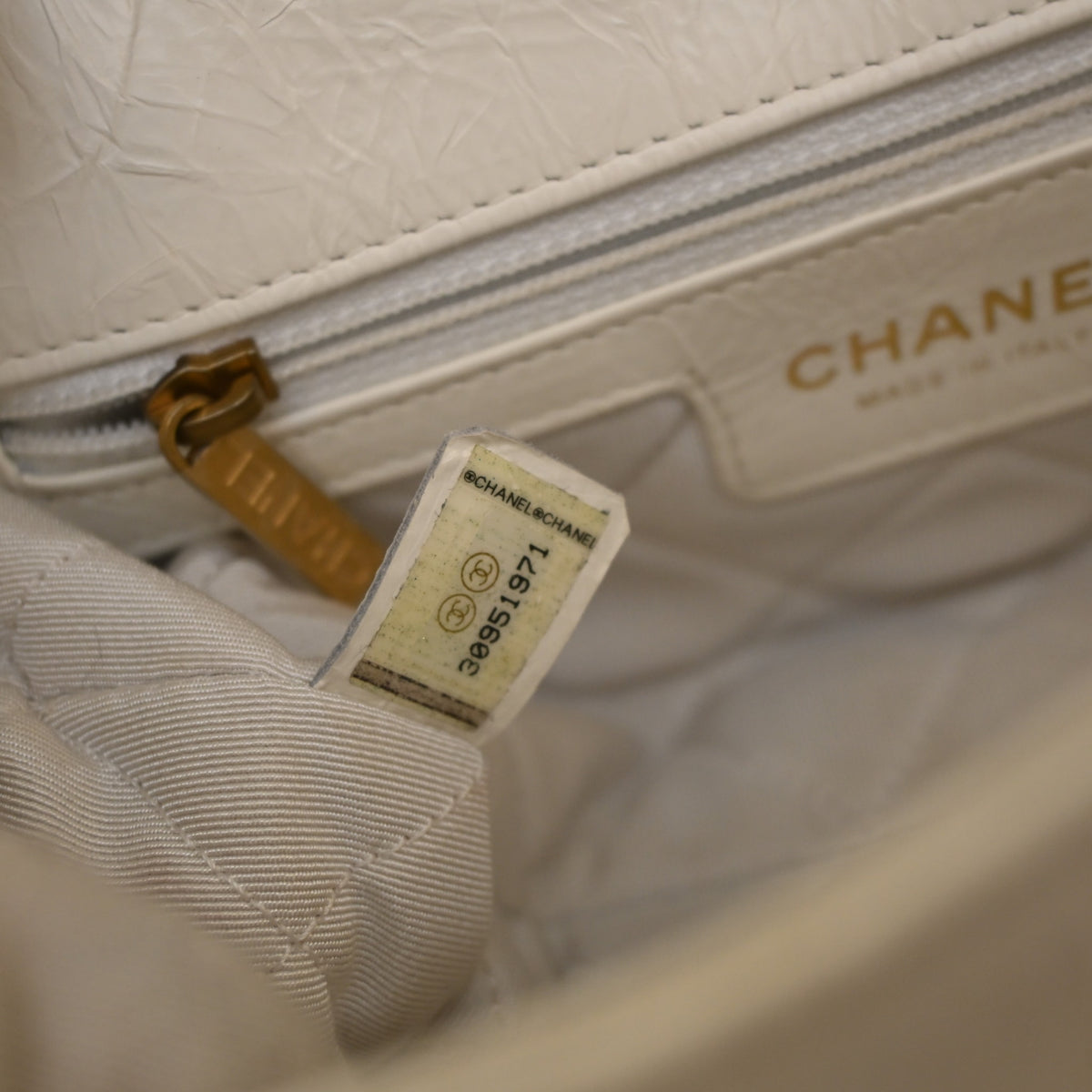 Pre-Owned Chanel Flap Bag Crumpled Calfskin Embossed, interior label and date code