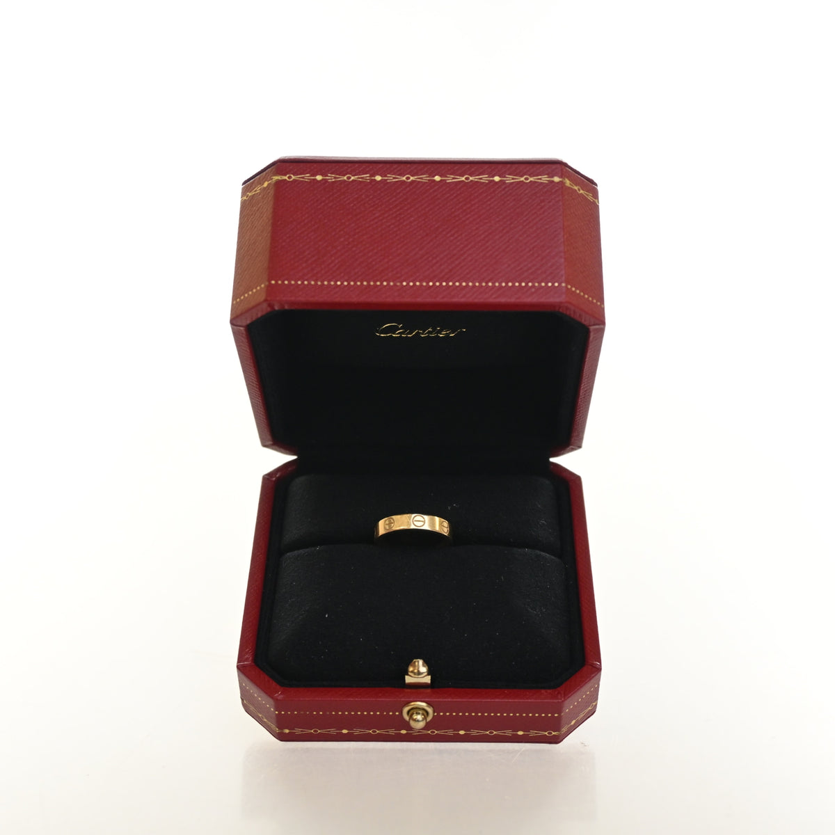 Pre-Owned Cartier Ring Small Model Love Sz 47, shown with dust bag and packaging, authenticated at Luxe Du Jour