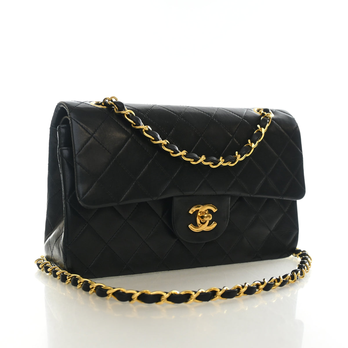 Vintage Chanel Classic Double Flap Small Lambskin Bag, three-quarter view, authenticated at Luxe Du Jour