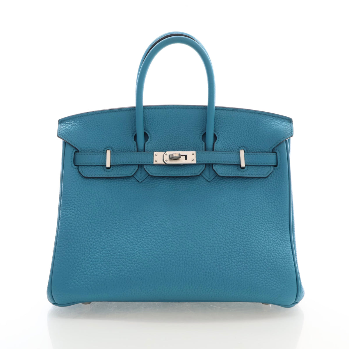 Pre-Owned Hermès Birkin 25 Turquoise Togo Leather, front view, authenticated at Luxe Du Jour