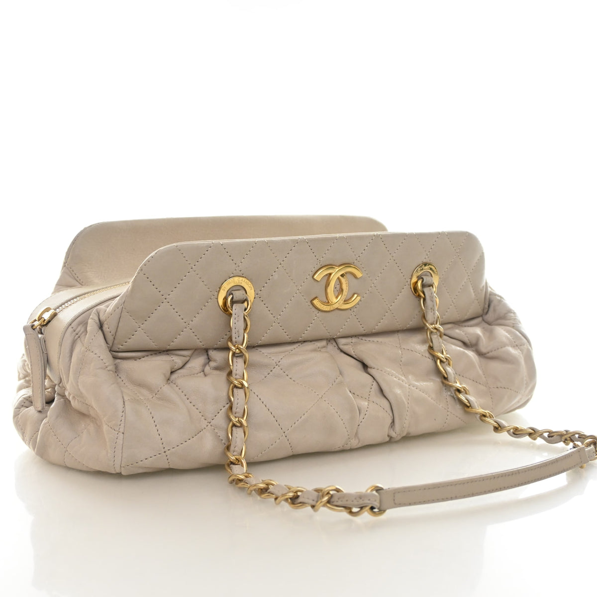 Pre-Owned Chanel Calfskin Chic Quilt Bowling Bag, three-quarter view, authenticated at Luxe Du Jour