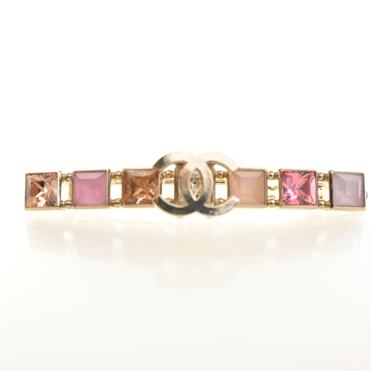 Pre-Owned Chanel Crystal CC Barret, gold hardware close-up