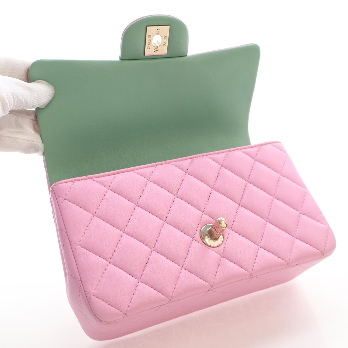 Pre-Owned Chanel Classic Flap Mini Lambskin Rectangular Top Handle Bag, open interior with lining, photo 16 of 20