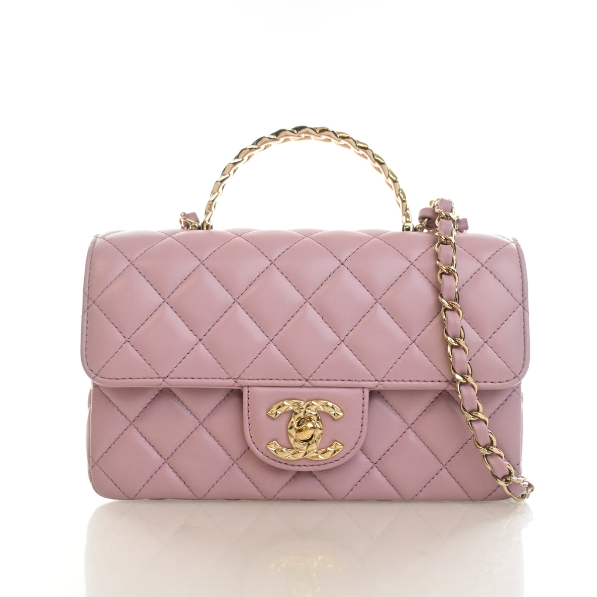 Pre-Owned Chanel Top Handle Mini Lambskin Rectangular Flap Bag, front view