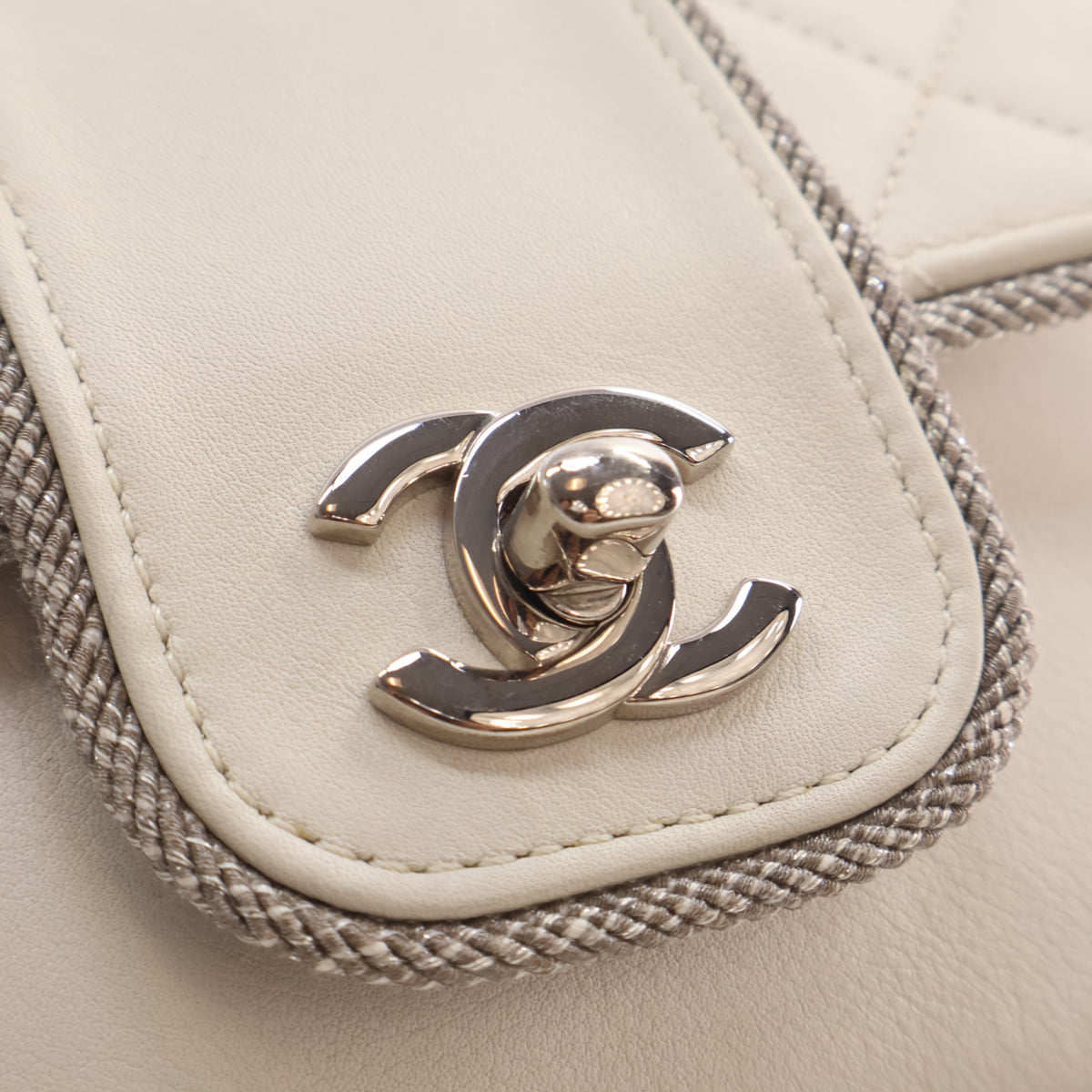 Pre-Owned Chanel Flap Bag Lambskin Square With Chain, silver hardware close-up