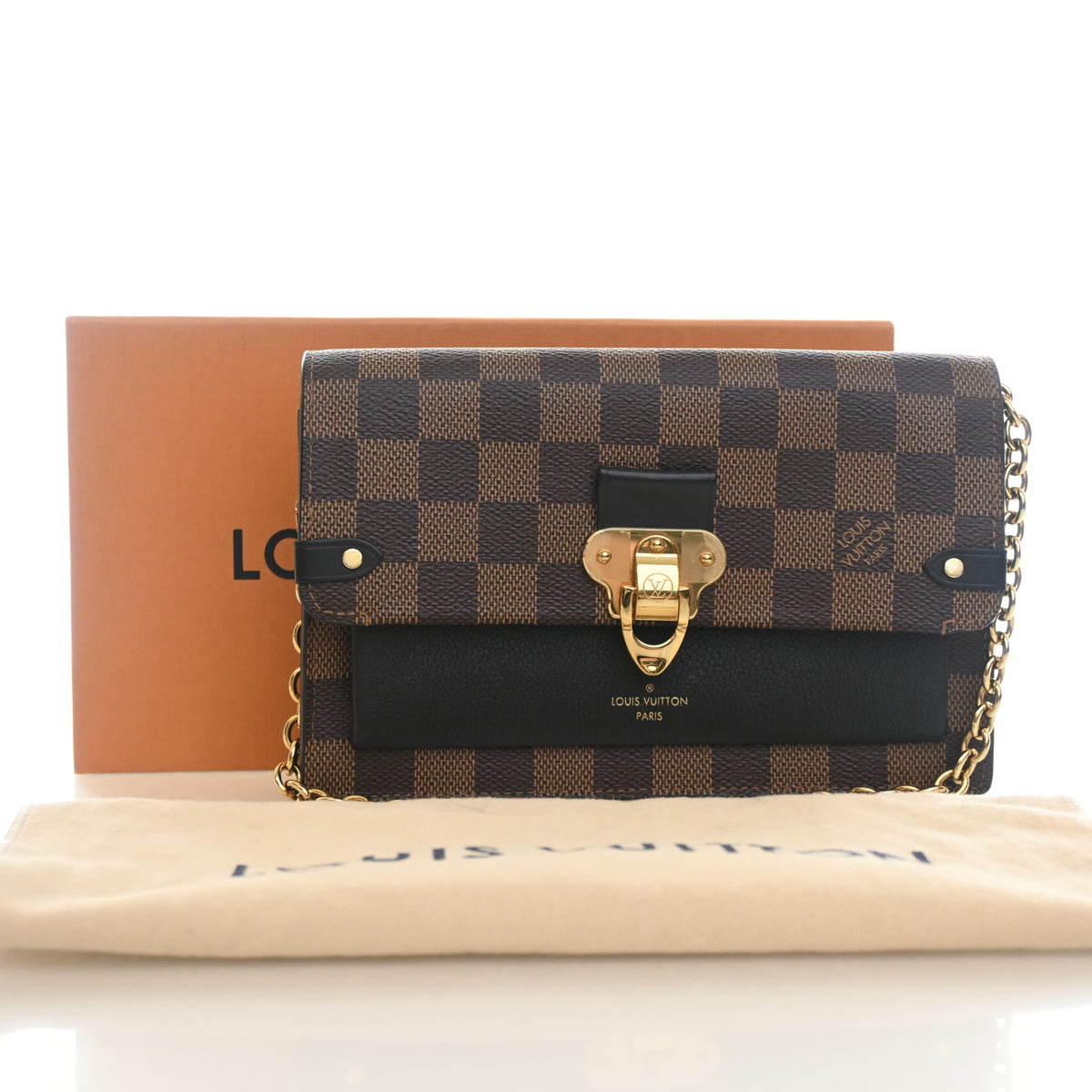 Pre-Owned Louis Vuitton Chain Wallet Damier Ebene Vavin, shown with dust bag and packaging