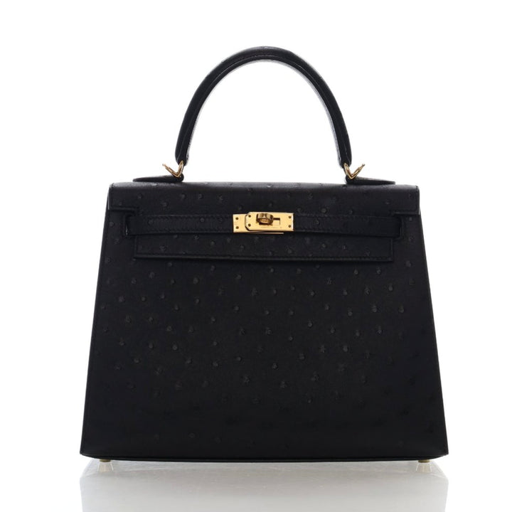 Hermes Noir Ostrich Sellier Kelly 25