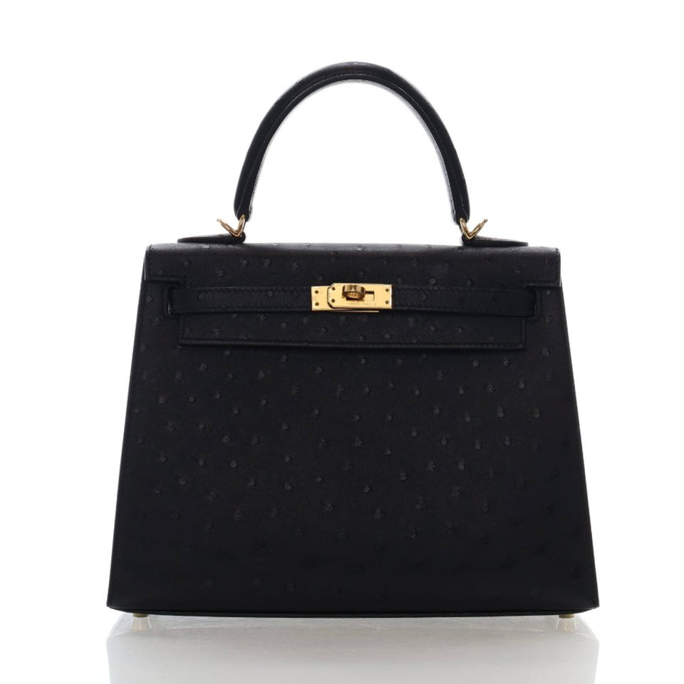 Hermes Noir Ostrich Sellier Kelly 25