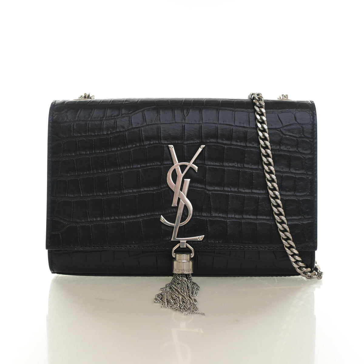 Pre-Owned Saint Laurent Small Crocodile Leather Embossed Leather Kate Tassle Bag, front view, authenticated at Luxe Du Jour