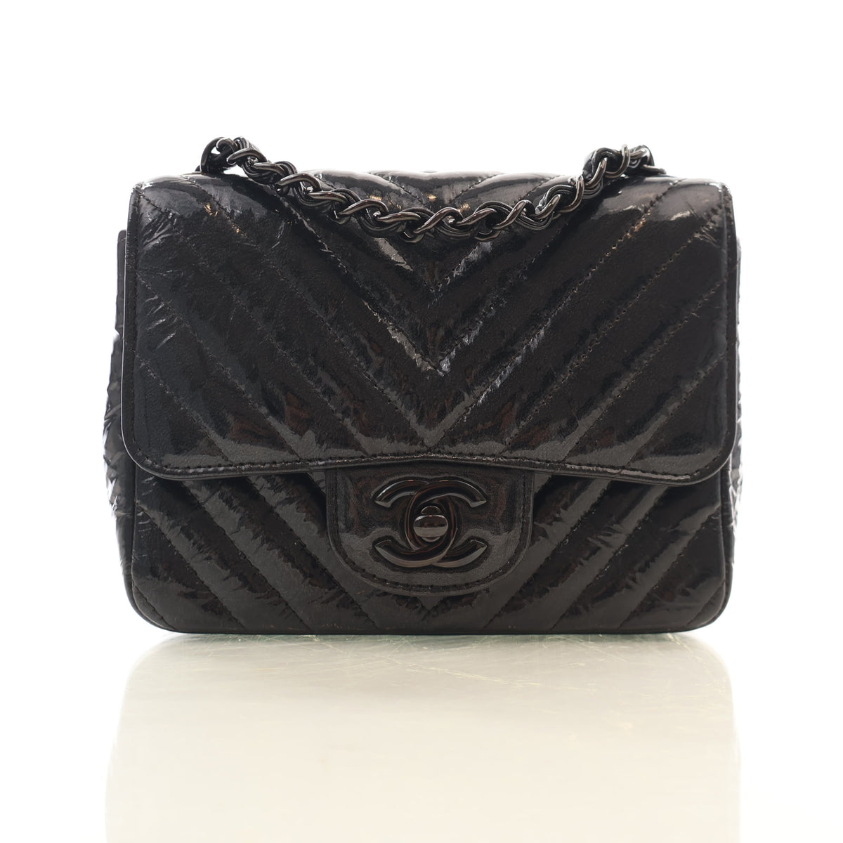Pre-Owned Chanel Flap Bag Mini Patent Leather Single, front view, authenticated at Luxe Du Jour