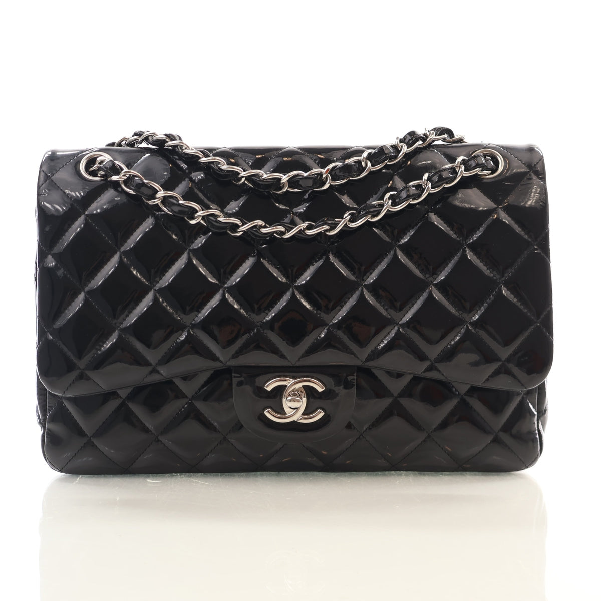 Pre-Owned Chanel Classic Double Flap Jumbo Patent Leather Bag, front view, authenticated at Luxe Du Jour