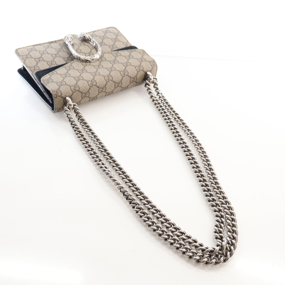 Pre-Owned Gucci Crossbody Bag Mini GG Canvas Dionysus, strap and chain detail