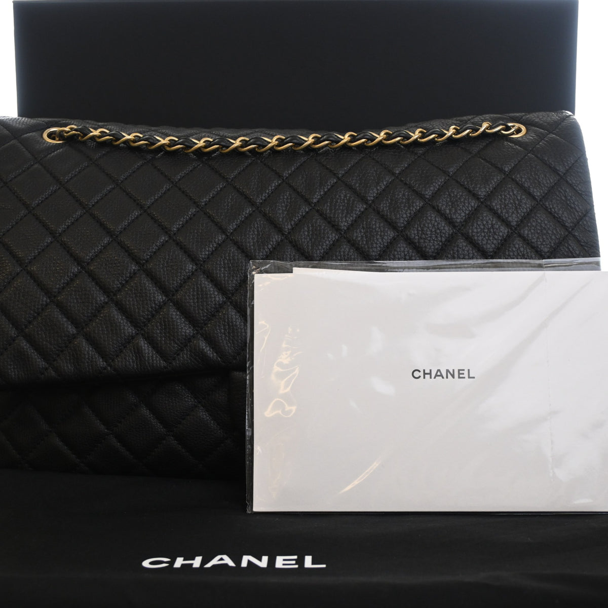 Pre-Owned Chanel Flap Bag XXL Calfskin Airline Single, shown with dust bag and packaging