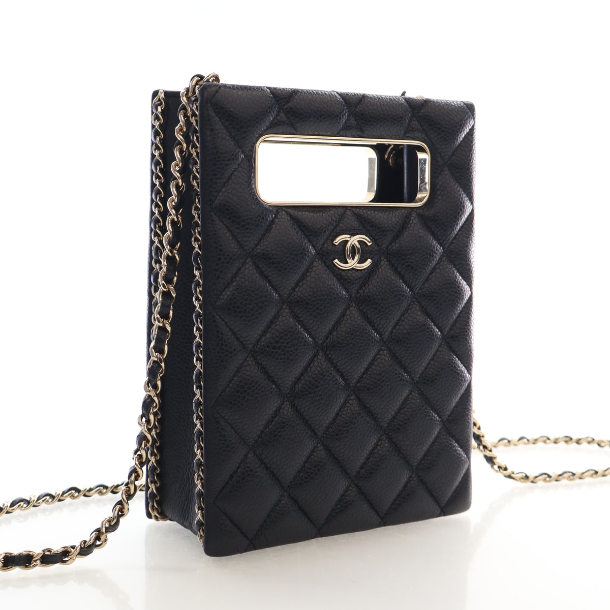 Pre-Owned Chanel Clutch Small Caviar Leather Evening Box On Chain, three-quarter view, authenticated at Luxe Du Jour
