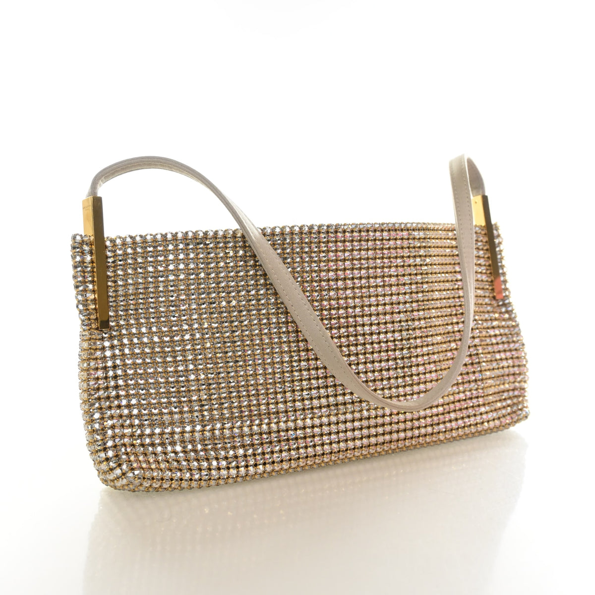 Pre-Owned Saint Laurent Baguette Small Crystal Mesh Suzanne, three-quarter view, authenticated at Luxe Du Jour