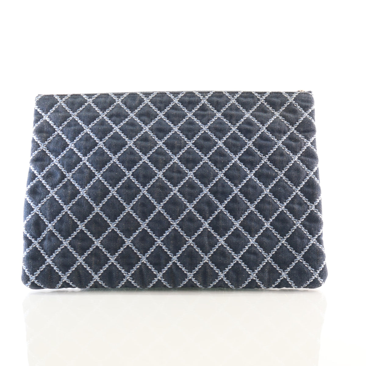 Pre-Owned Chanel Clutch Medium Denim Fringe O Case, flat lay