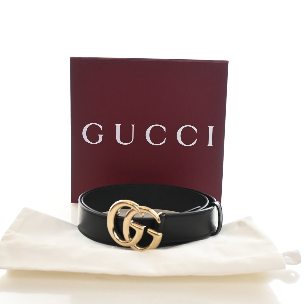 Pre-Owned Gucci Marmont Sz Calfskin GG Belt 85/34, shown with dust bag and packaging