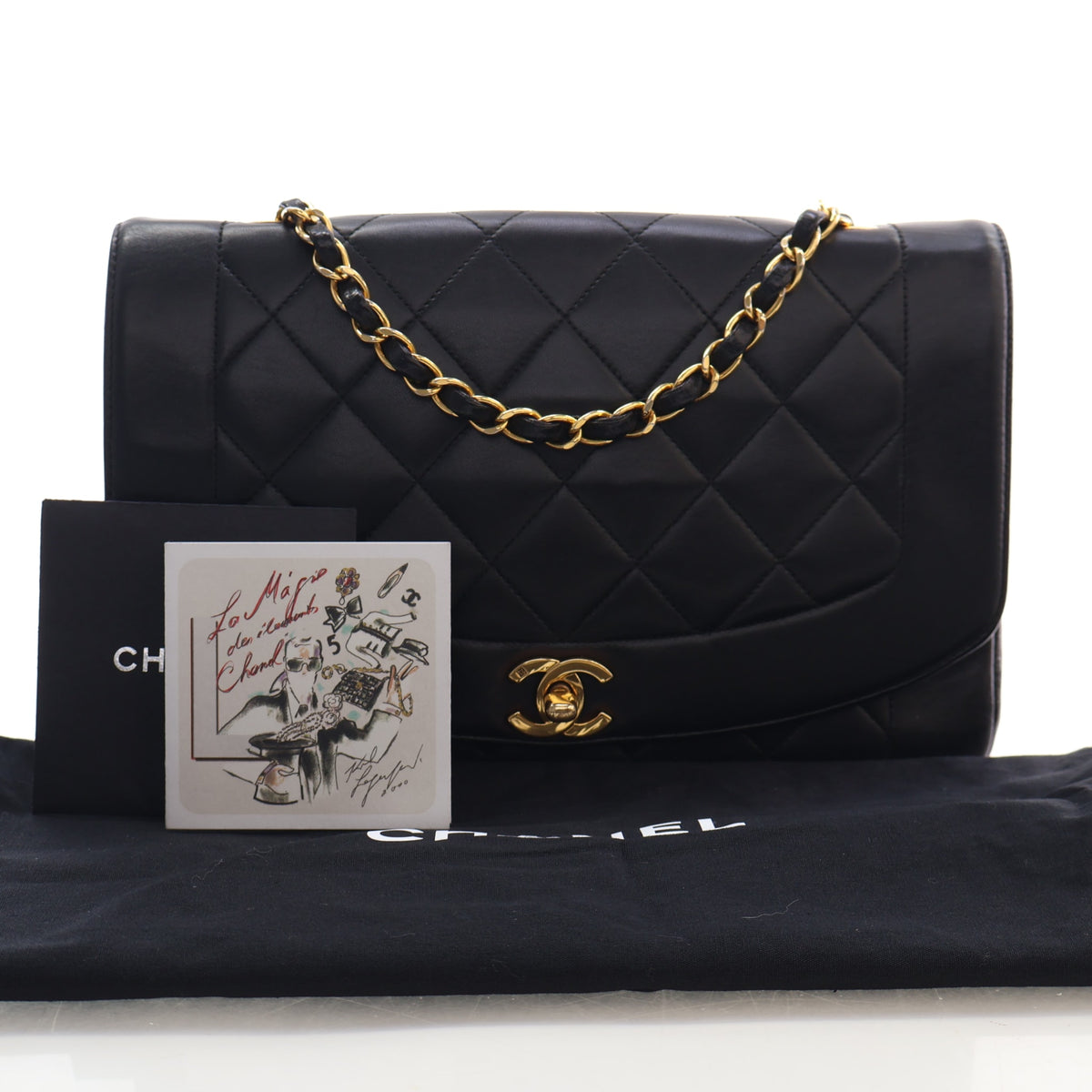 Vintage Chanel Flap Bag Medium Lambskin Diana, shown with dust bag and packaging
