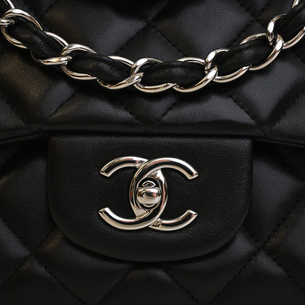 Pre-Owned Chanel Flap Bag Jumbo Lambskin Classic Single, silver embossed logo detail