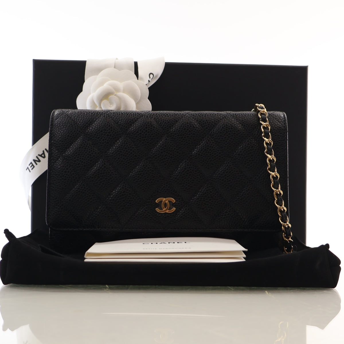 Pre-Owned Chanel Wallet On Chain Caviar Leather Classic WOC, shown with dust bag and packaging