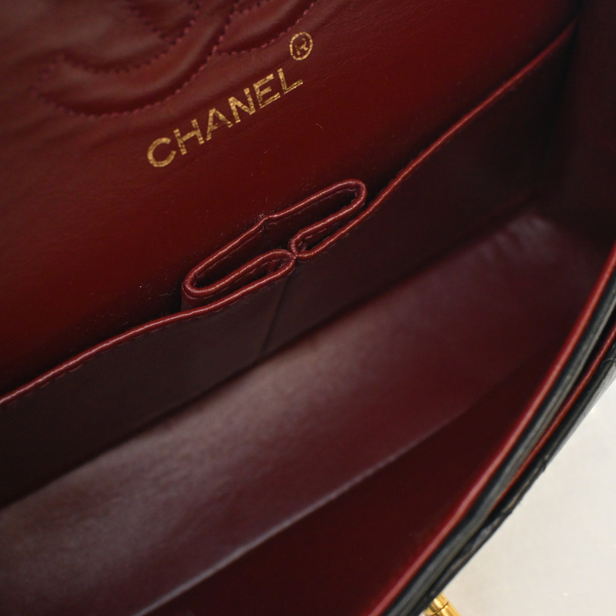 Vintage Chanel Classic Double Flap Small Lambskin Bag, open interior with lining