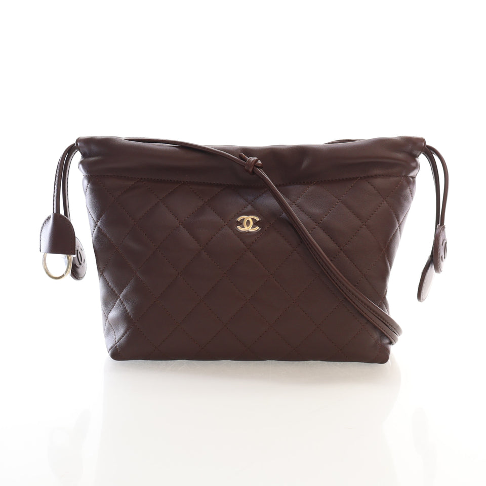 Chanel Lambskin Drawstring Clutch With Strap