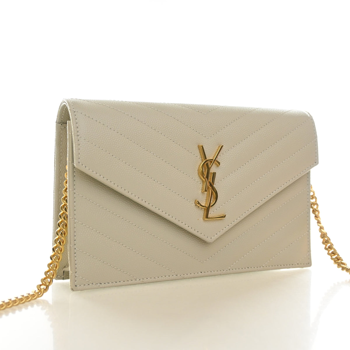Pre-Owned Saint Laurent Chain Wallet Calfskin Cassandre, three-quarter view, authenticated at Luxe Du Jour