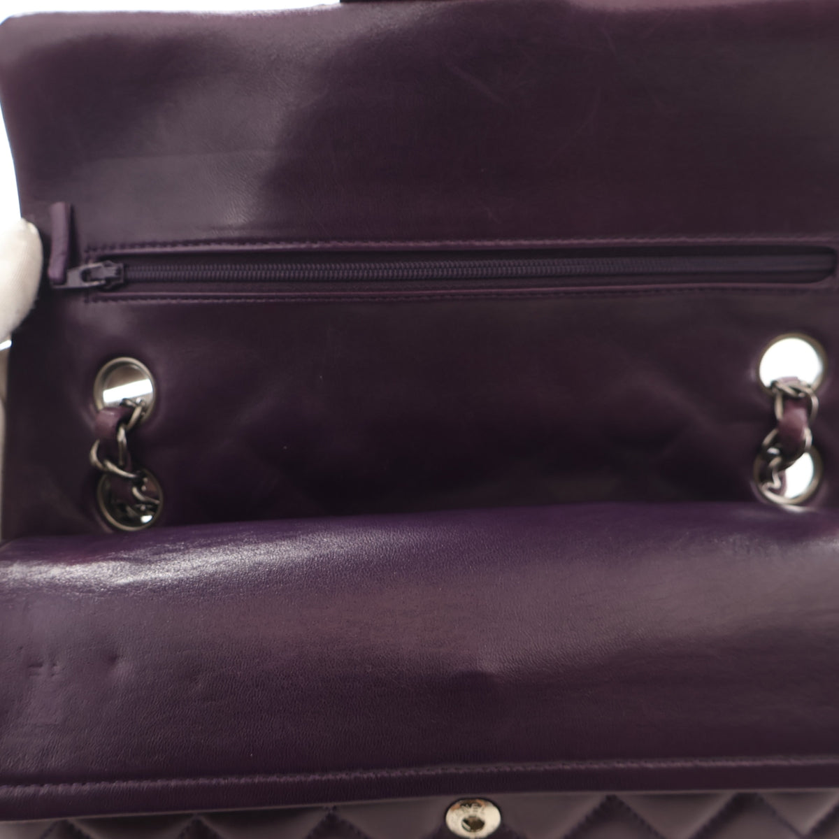Pre-Owned Chanel Classic Double Flap Small Lambskin Bag, open interior with lining