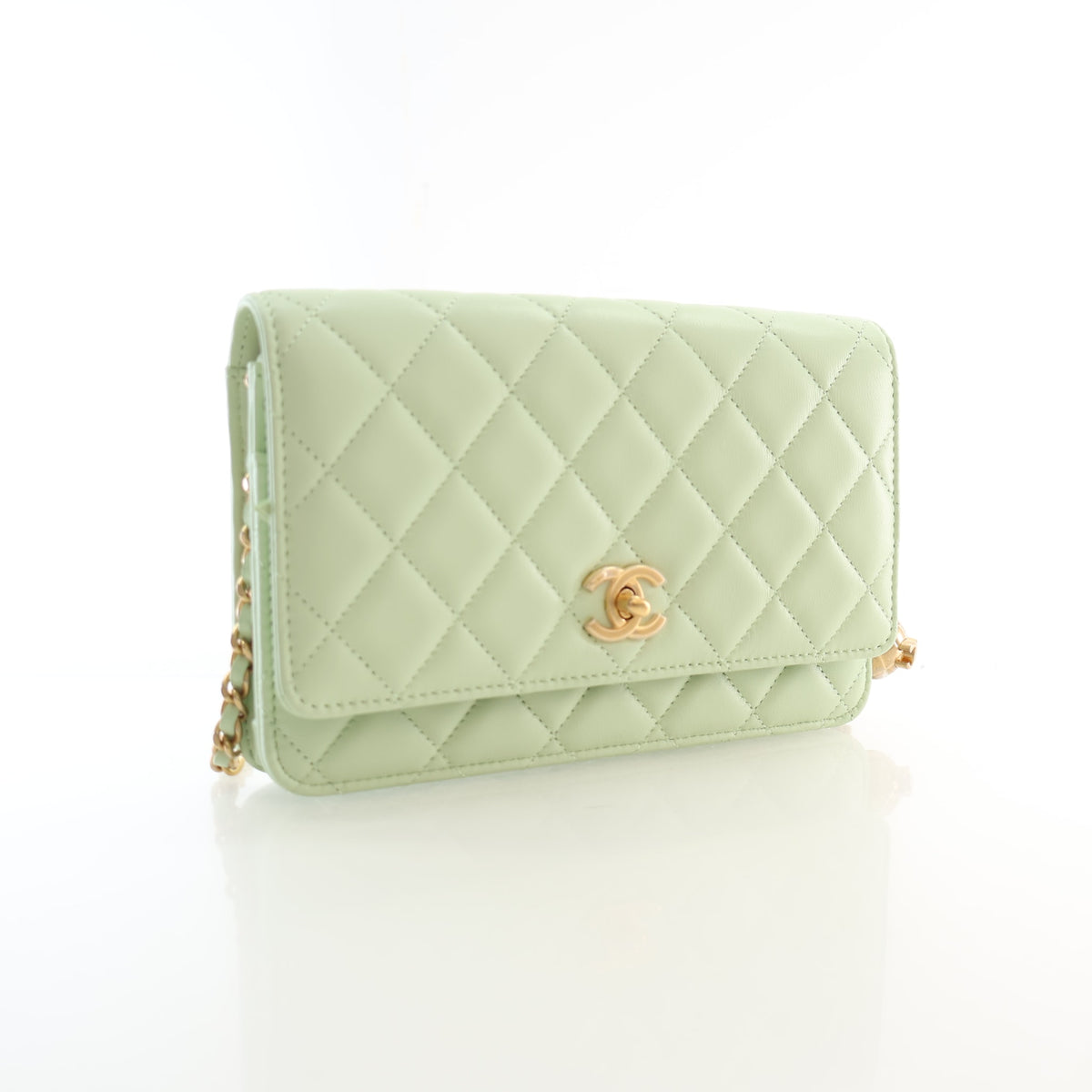 Pre-Owned Chanel Wallet On Chain Lambskin Pearl Crush WOC, three-quarter view, authenticated at Luxe Du Jour
