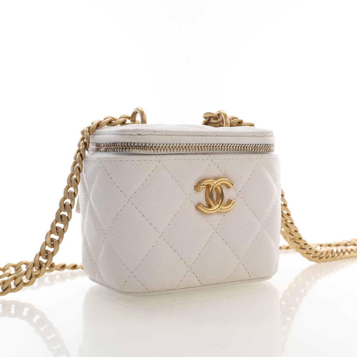 Pre-Owned Chanel Vanity Case Mini Caviar Leather Sweetheart Crush, three-quarter view, authenticated at Luxe Du Jour